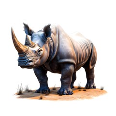 Obraz premium Majestic Rhino Illustration with Detailed Horn, Realistic Skin Texture, Standing on a Desert Patch, Highlighted by Soft Lighting and Shadows on a White Background