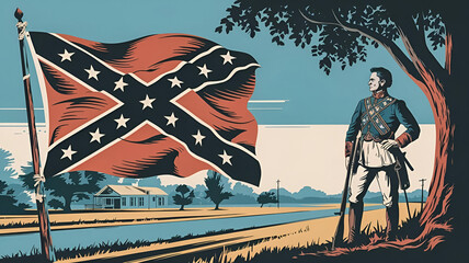 Confederate Memorial Day banner with Confederate flag from the American Civil War and a Confederate soldier, vintage illustration
