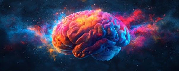 Obraz premium A vibrant, colorful brain illustration with energetic splashes of color, representing the fusion of creative imagination and intellectual power