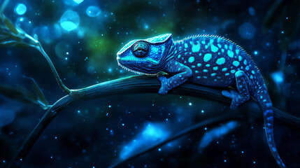 A vibrant blue lizard perched on a branch amidst glowing night lights.