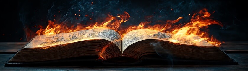 Fototapeta premium An open book burning with fierce flames, resting on a wooden table, illustrating the fiery demise of literature and wisdom