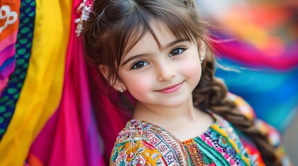 Fototapeta premium Adorable girl with braided hair smiles near colorful fabric.