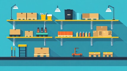 Organized warehouse shelves with various goods, pallets, and equipment.
