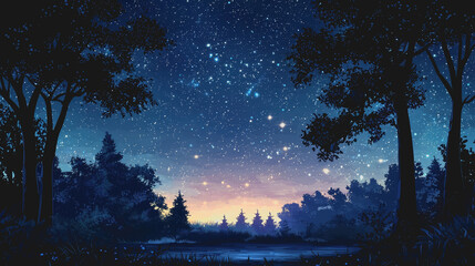 Fototapeta premium Stunning Night Under Stars Over Tranquil Lake Surrounded by Majestic Trees Captured with Long Exposure Photography for Dreamy Landscape and Nature Aesthetics