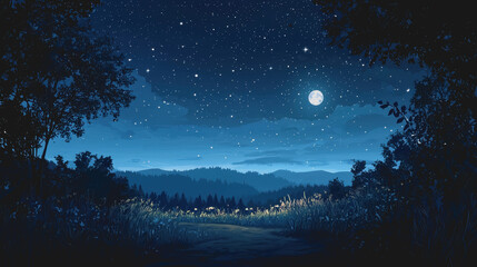 Naklejka premium Enchanting Night Adventure Through a Mysterious Forest Path Illuminated by Moonlight Perfect for Nature Photography, Travel, and Outdoor Activities Promotion