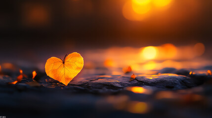 Fototapeta premium A heart-shaped leaf glimmers in the soft light of sunset on a tranquil surface.