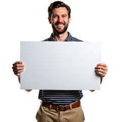 Front view mid body shot of a caucasian man holding a blank white placard in a striped polo shirt and chinos isolated on a white transparent background.