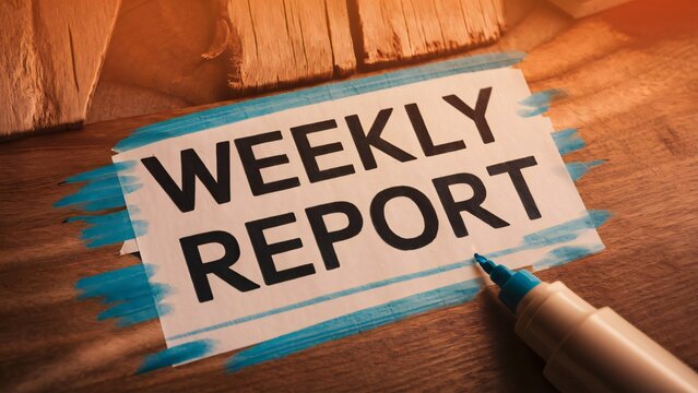 Weekly Report Summary, Business Planning, Progress Tracking, and Data Analysis on Wooden Desk