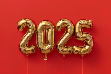 Gold balloons forming 2025 on a bold red backdrop