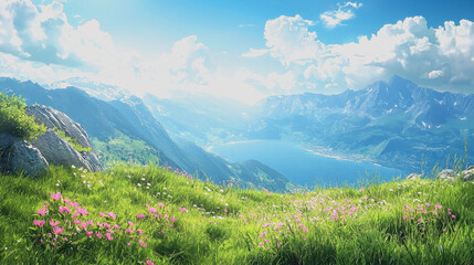 Fototapeta premium Stunning Picturesque Landscape View of Majestic Mountain Surrounded by Colorful Wildflowers in Bright Sunshine with Clear Blue Sky for Travel, Nature, and Relaxation Photography Themes