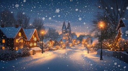 Fototapeta premium Snowfall in a serene village during winter evening with glowing lights