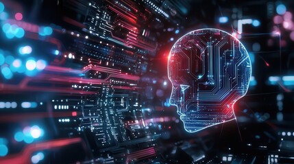 Obraz premium Abstract glowing circuits forming a futuristic head design in a digital landscape
