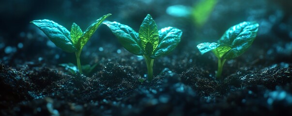 Fototapeta premium Three green seedlings pushing through fertile soil under a gentle, luminous glow, embodying growth and resilience in nature