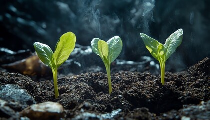 Three fresh green shoots rising from nutrientrich soil, highlighted by gentle glowing light, representing growth and resilience