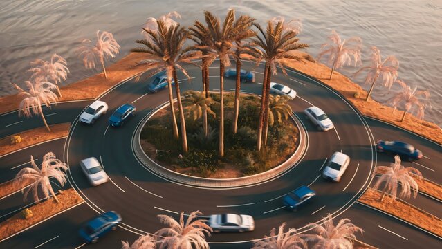 Aerial View of Cars Circulating a Tropical Roundabout at Sunset