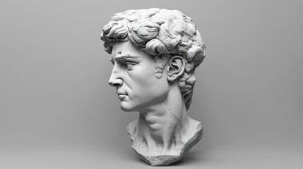 A classic white marble bust sculpture of a young man's head and shoulders, viewed from the side, against a neutral gray background.