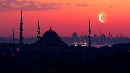 Fototapeta premium Silhouette of a mosque at sunset with a crescent moon and city lights in the background, a Ramadan concept 