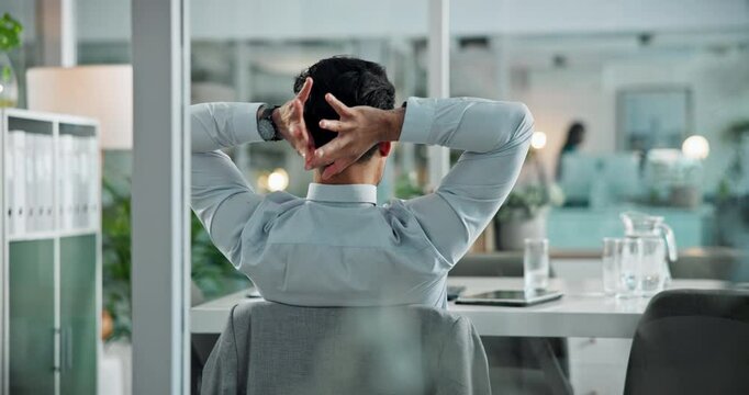 Relax, stretching and back of person, office and employee with finished project, working and business. Corporate, rest and auditor on break, productivity and complete tasks in company and peace