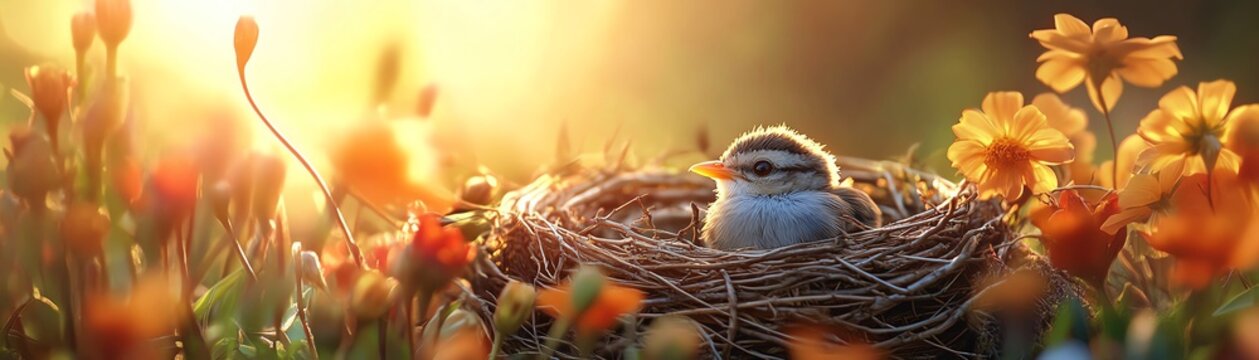 A baby bird curled up in a cozy nest surrounded by vibrant flowers, basking in the soft golden light of a serene sunbeam
