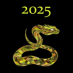 Fototapeta premium New Year poster with colorful snake 2025, Strict card on black background, Vector illustration