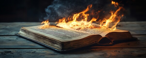 A book set ablaze, flames engulfing the pages, resting on a weathered wooden surface, depicting the burning of literature and knowledge