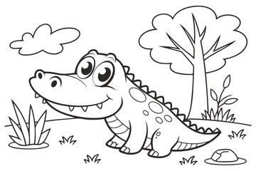 cute Crocodile Alligator, some grass and a tree, coloring book on white background