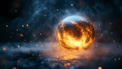 A celestial sphere glowing with intense energy, surrounded by mist and vibrant light, emitting sparks on a dark, ethereal surface