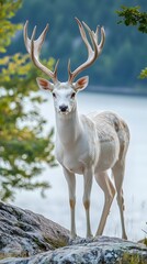 Obraz premium A majestic white deer with perfect antlers, with beautiful lake and mountain views