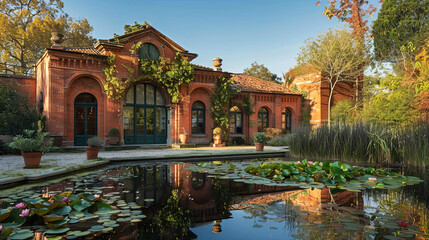 Obraz premium Charming brick architecture and lush greenery reflected in a serene pond create a picturesque setting