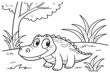 cute Crocodile Alligator, some grass and a tree, coloring book on white background