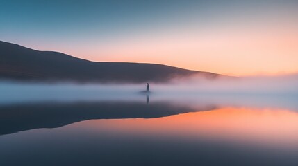 Obraz premium Misty sunrise over calm lake reflecting colorful sky and distant mountains.