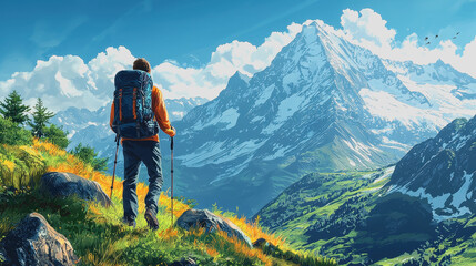 Trekking Adventure: A Man with a Backpack Stands on a Mountain Overlooking a Breathtaking Landscape in Bright Natural Lighting Capturing the Essence of Outdoor Exploration and Adventure Travel