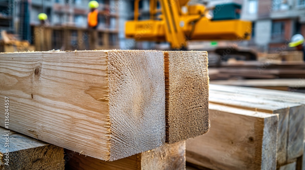 Poster stack of wooden beams at construction site with crane in background