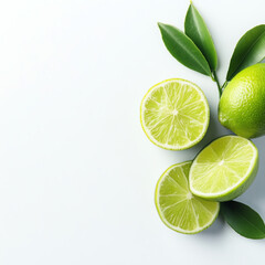 Fresh limes and lime slices on a clean white background, perfect for cooking or drinks.