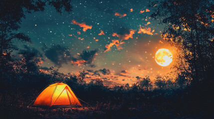 Magical Twilight Camping Experience: A Beautiful Tent Set Up in Serene Woods at Night with Starry Sky, Perfect for Outdoor Adventures, Nature Lovers, and Peaceful Retreats in Nature