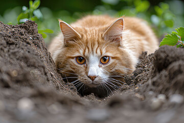 A ginger cat crouched low and prepared to pounce while hunting rodents. The cat hunts mice.