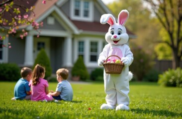 Man in Easter bunny costume with a basket chocolate eggs stand on the lawn near the house, children of different nationalities sit nearby