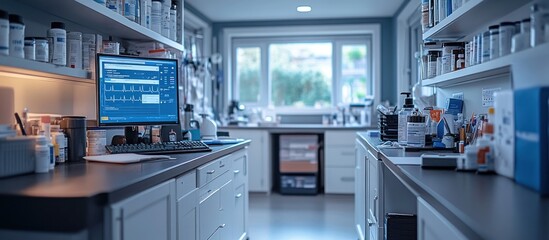 Modern laboratory interior with computer, shelves, and equipment.