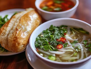 A delicious meal featuring soup, herbs, and a bread roll, ideal for a satisfying lunch.