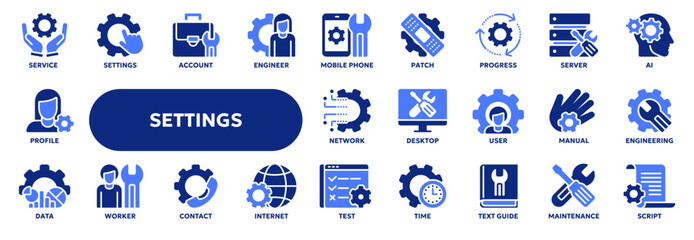 Set of vector solid icons related to application settings setup, repair service, construction industry. Symbols for website or app ui, logo design, illustration
