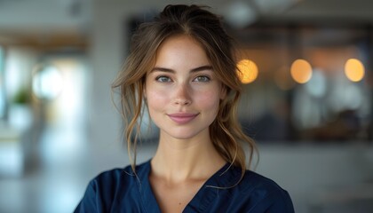 Obraz premium Young Woman with Freckles Smiles in Blue Top