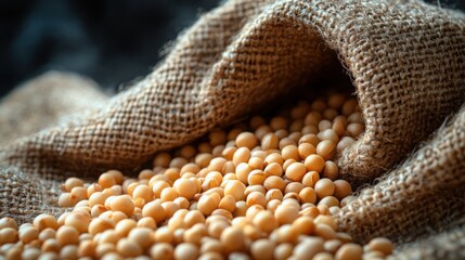 Scattered grains and legumes on neutral burlap texture, highlighting natural materials
