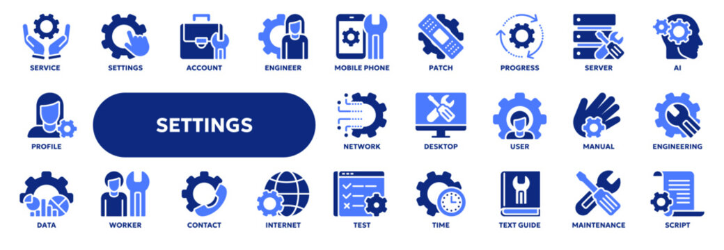 Set of vector solid icons related to application settings setup, repair service, construction industry. Symbols for website or app ui, logo design, illustration