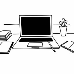 minimalism line art of laptop desk work space area vector illustration