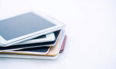 A stack of tablets, including a white one, are piled on top of each other
