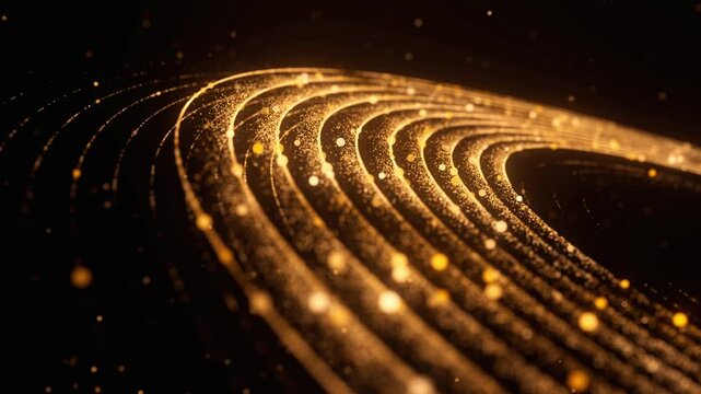 Golden particles animation abstract background. Glitter circle texture with shiny sparkles. Holiday celebration concept. Seamless loop.