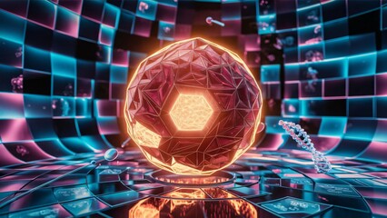 Futuristic glowing geometric sphere in vibrant neon digital environment; abstract science, technology, or medical concept background