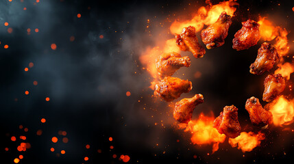Spicy chicken wings surrounded by flames, creating a fiery culinary display.