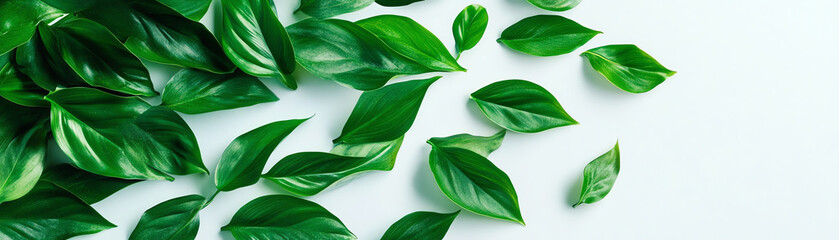 Fototapeta premium Green leaves scattered on a white background, conveying freshness and nature's beauty.