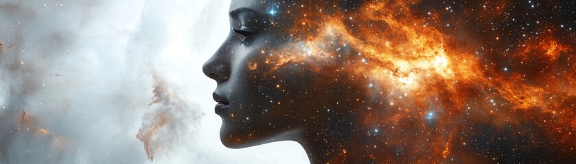 Obraz premium A cosmic nebula cloud blending into a human face, filled with stars, set against a white background, embodying the union of human thought and the universe